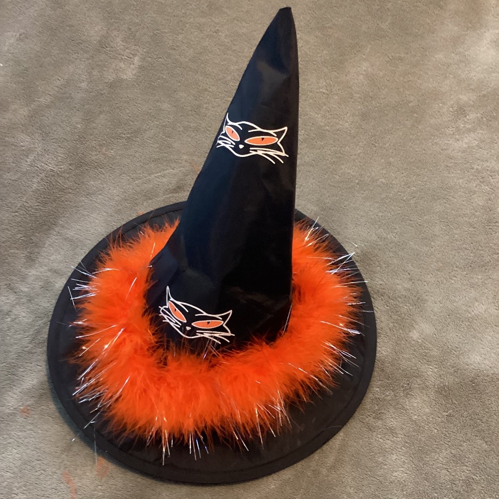Vintage Girl Witch Hat Size M Black Orange Cat Print Halloween Rare